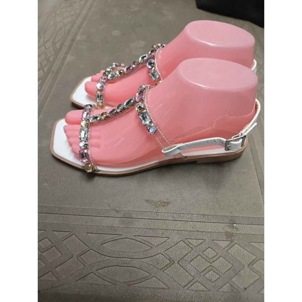 BCBGeneration Larabee Sandals Womens 6.5 M Rhinestone Slingback Flats White - Picture 4 of 9